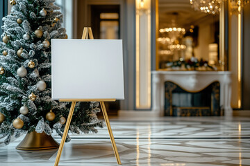 Blank canvas mock up welcome signboard on an easel in front of the Christmas tree in the hall of a luxury hotel