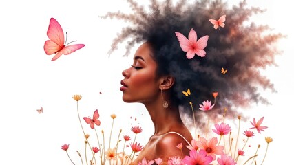 Fototapeta premium Ethereal Black Woman Portrait With Butterflies And Flowers