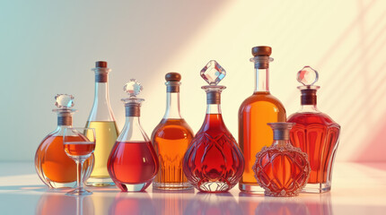 Elegant arrangement of decorative liqueur bottles on a bright background