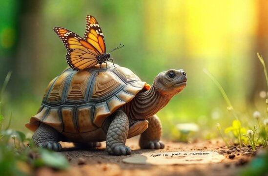  Monarch Butterfly Resting on Curious Turtle Shell