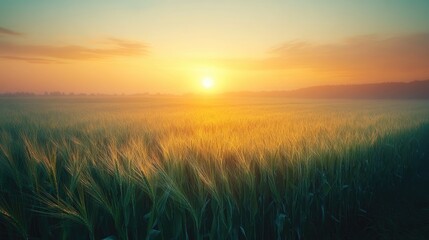 Fototapeta premium golden organic wheat field to make wheat bread at agriculture farm in the misty morning sunrise. 