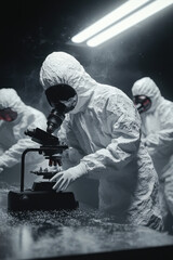 Advanced Scientific Research: Team of Scientists in Protective Gear Using Microscopes