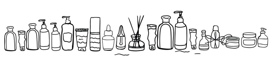 Skincare organic cosmetics bottle, eco cleanser, lotion facial gel, soap for face, oil scrub cream vector illustration, cream, serum. Body care. Hand drawn vector set. Organic cosmetics.