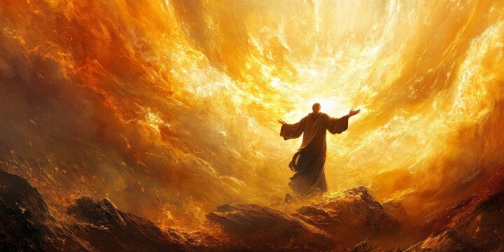 Epic abstract background of Elijah calling down fire with intense light effects and warm tones, biblical scene, religious concept