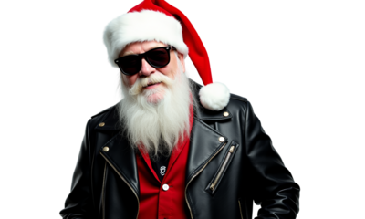 Santa Claus dons a stylish leather jacket and sunglasses for a modern holiday twist in a festive winter setting