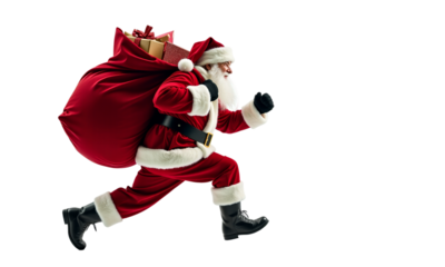 Santa Claus hurries through the snowy streets with a large bag full of gifts during the festive holiday season