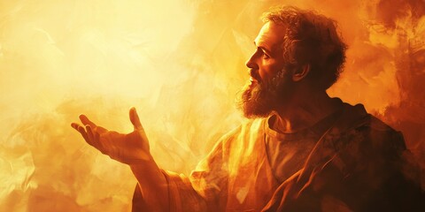 Apostle Paul preaching an abstract background with warm light and rich historical storytelling, biblical scene, religious concept