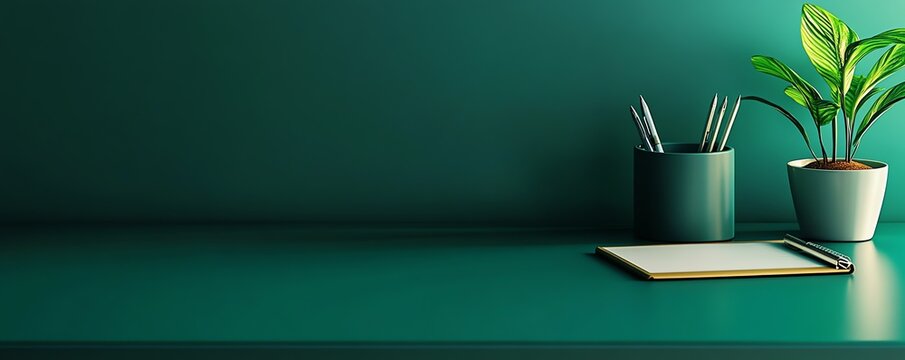 Bureau vert fonc&eacute; avec porte-stylo, bloc-notes et tasse de caf&eacute;, espace texte en bas..