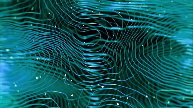 Abstract blue wavy lines and glowing particles create digital texture suitable for technology backgrounds, web designs, and futuristic concepts.
