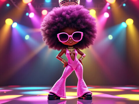 Cute 3d chibi style female retro disco dancer with groovy pose and glittery pink jumpsuit and black platform disco shoes