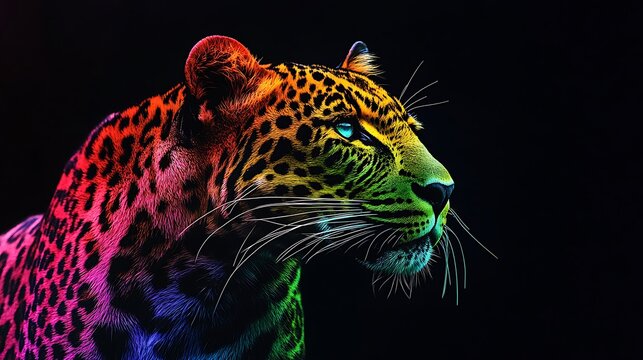 Bold multicolor leopard image against striking black background picture