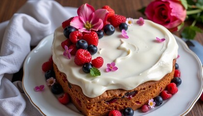 Delicious berry cake topped with cream, flowers, and fresh berries on a decorative plate