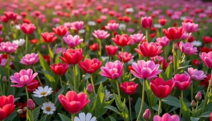 Fototapeta premium Vibrant field of flowers in soft shades of pink and red