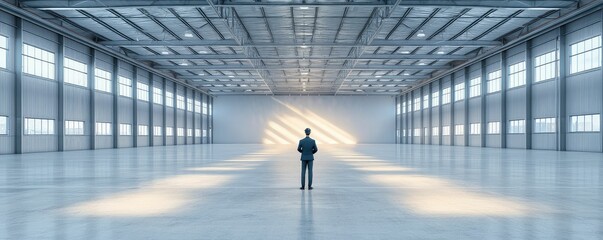 A solitary figure stands in a vast, empty industrial space, illuminated by beams of light, creating a sense of openness and potential.