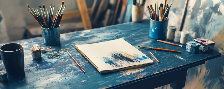 Bureau bleu marine avec pinceaux d&rsquo;art, carnet de croquis et tasse de caf&eacute;, espace &agrave; gauche..