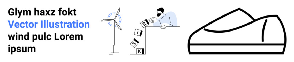 Wind turbine, man tumbling RISK blocks, shoe-shaped object. Ideal for renewable energy, risk management, business strategy, environmental awareness, innovation, conceptual thinking, technology
