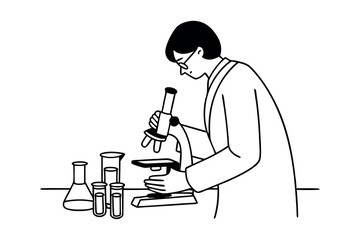 Scientist with microscope working in lab. Line art illustration