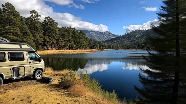 A camper van is parked by a serene lake in a forest setting on a sunny day