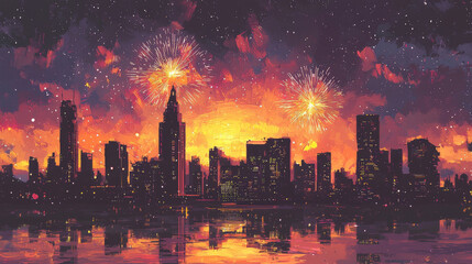 Fototapeta premium vibrant city skyline illuminated by colorful fireworks against sunset sky, creating festive atmosphere. reflection on water adds to enchanting scene