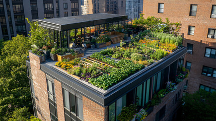 A rooftop garden on a city building that showcases green infrastructure and eco-friendly design.