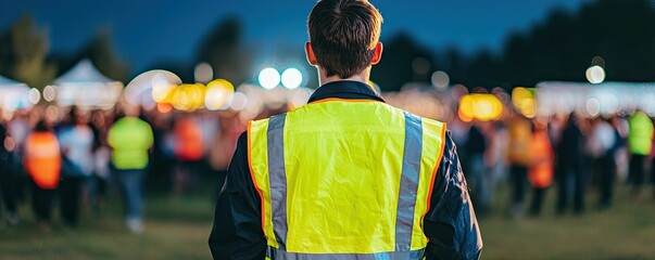 A security personnel in a bright yellow vest supervises a crowded outdoor event during the evening, ensuring safety and order.