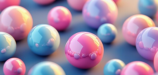 3D rendering of glossy spheres in pastel colors floating on a soft background