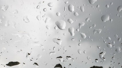 Raindrops cascading on a window, creating a blurred view of the outdoors during a cloudy day in a tranquil setting