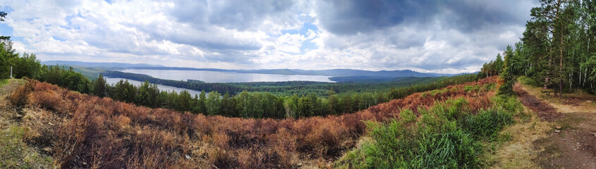 This stunning image showcases a breathtaking panoramic view of a lush green forest, with a...