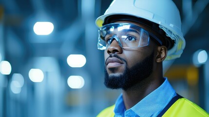 A focused construction worker wearing safety gear, including a helmet and goggles, stands thoughtfully in a well-lit industrial setting.