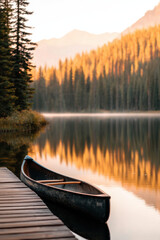Tranquil Canoe on Reflective Lake Amidst Pine Forest at Sunset