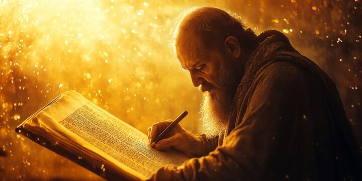 Isaiah the prophet composing on a scroll in a warm golden light, minimalistic religious art, biblical scene