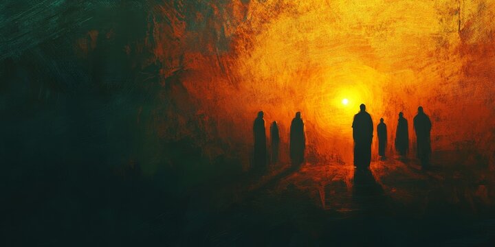 Abstract representation of wise men following the star in warm night tones with minimalistic style, biblical scene, religious concept