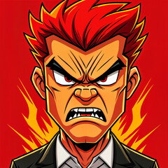 Stylized, animated character with red hair and a fierce expression, set against a vibrant red background with flame-like elements around the head.