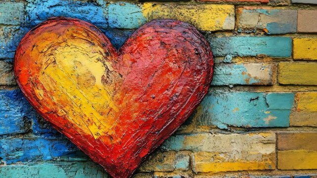 A painted heart adorns a brick wall, adding a splash of color to the urban landscape