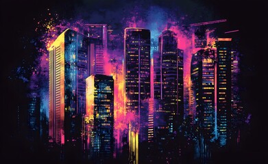 Fototapeta premium A vibrant urban scene featuring towering skyscrapers illuminated against a dark background.