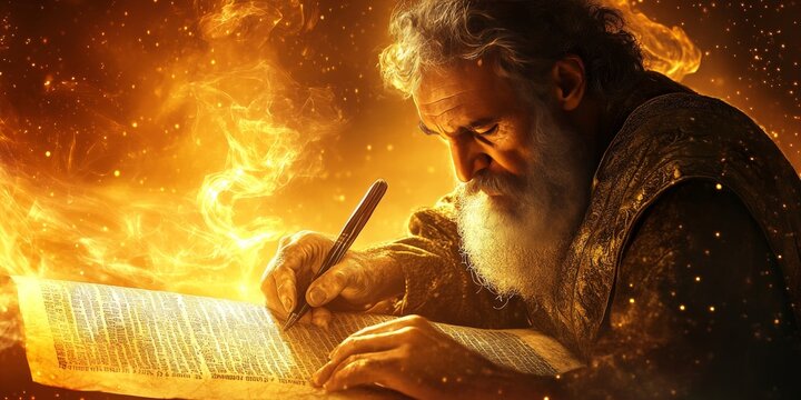 Minimalistic abstract background depicting prophet Isaiah writing on a scroll with warm golden light, biblical scene, religious concept