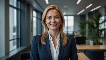 Fototapeta premium Smiling businesswoman standing in modern office building