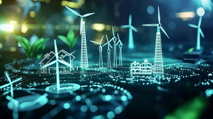 A futuristic landscape featuring digital representations of renewable energy sources, buildings, and plants, symbolizing sustainable development and environmental awareness. - Powered by Adobe