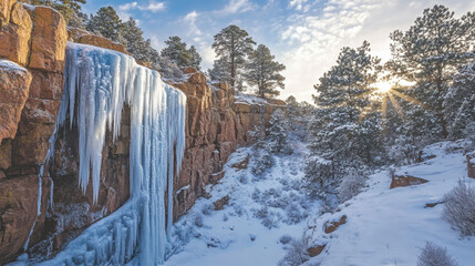 Sunlit winter landscape featuring a dramatic frozen waterfall and snow-covered cliffs, exemplifying winter&rsquo;s raw beauty and solitude.