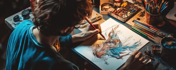Artistic Focus on a Student Coloring a Detailed Illustration with Colored Pencils Surrounded by Various Art Supplies