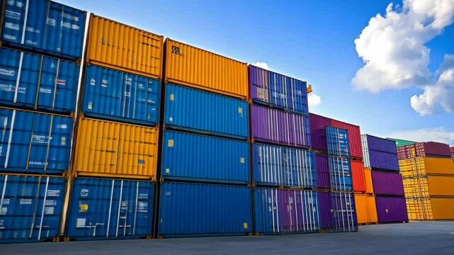 A row of colorful shipping containers stand under a bright blue sky