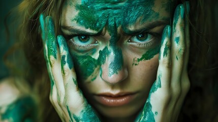 A woman with green face paint who is unhappy and has an interest in ecology.