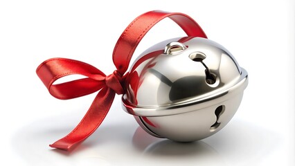  Classic silver sleigh bell with ribbon on a white background.