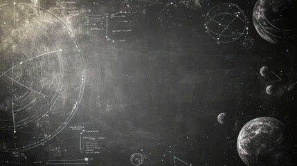 Chalkboard universe with planetary sketches and astronomical calculations