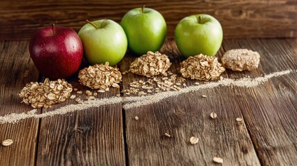 Fresh apples and oats on rustic wooden table with brown sugar