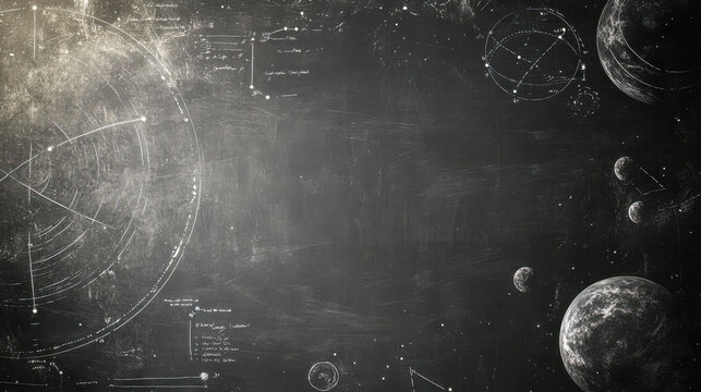 Chalkboard universe with planetary sketches and astronomical calculations