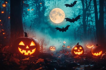 Spooky halloween night with glowing jack o  lanterns, full moon, and bats in dark forest