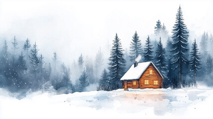 Fototapeta premium Mountain landscape with spruce and pine trees in winter. a cozy wooden cabin with a snow-covered roof.
