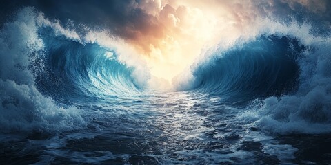 Dramatic abstract representation of the Red sea parting with deep blue tones and minimalist power, biblical scene, religious concept