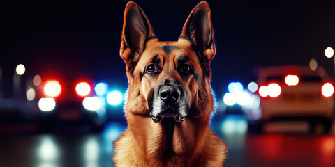 Obraz premium German Shepherd police guard dog portrait on background with blurred police lights and cars, copy space